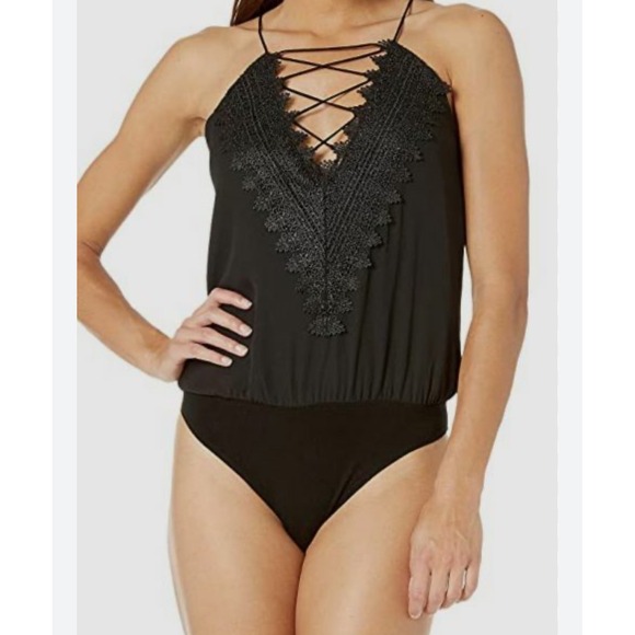 Wayf Tops - WAYF Black Lace Up Bodysuit Top‎ Sleeveless Snap Crotch Blouse Women's Size S